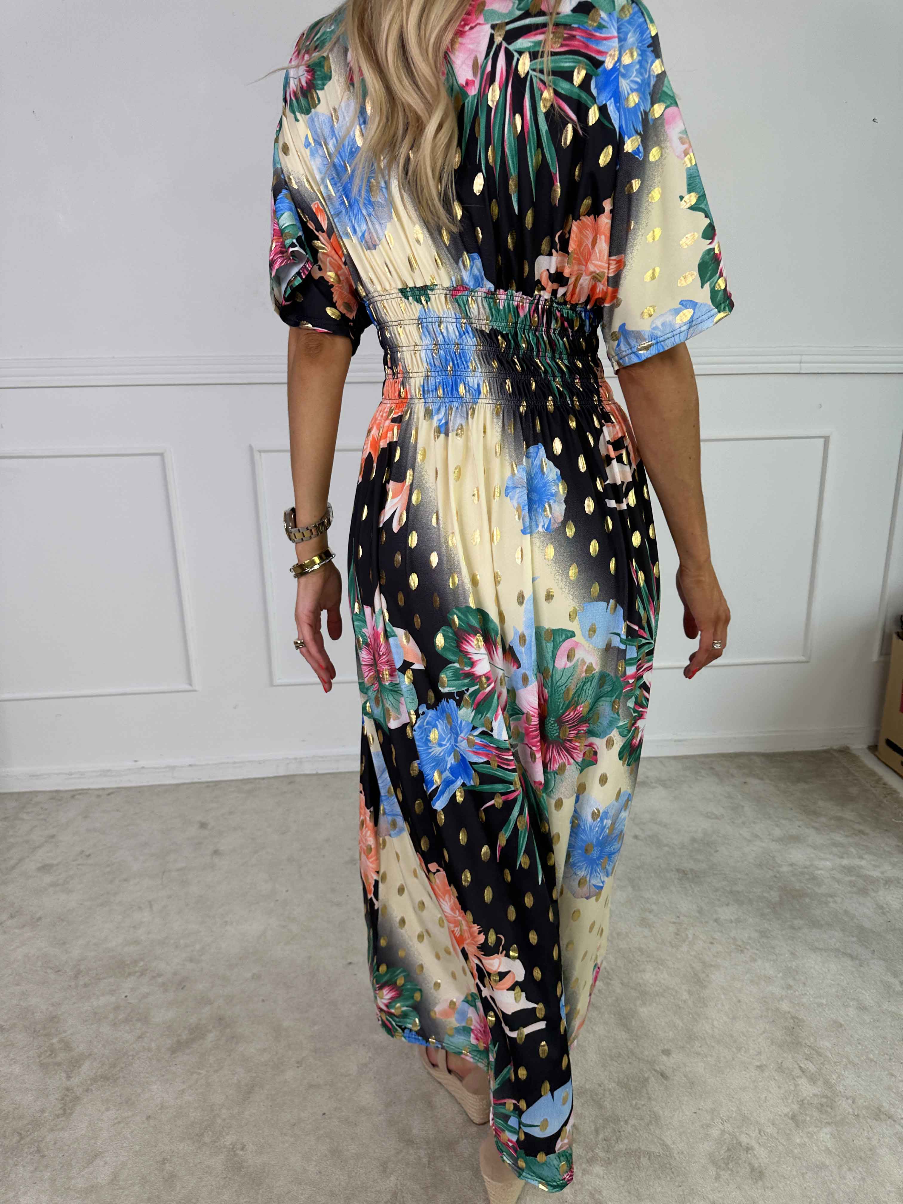 Pams Hawaii - Lang kjole i elastisk stof med blomsterprint